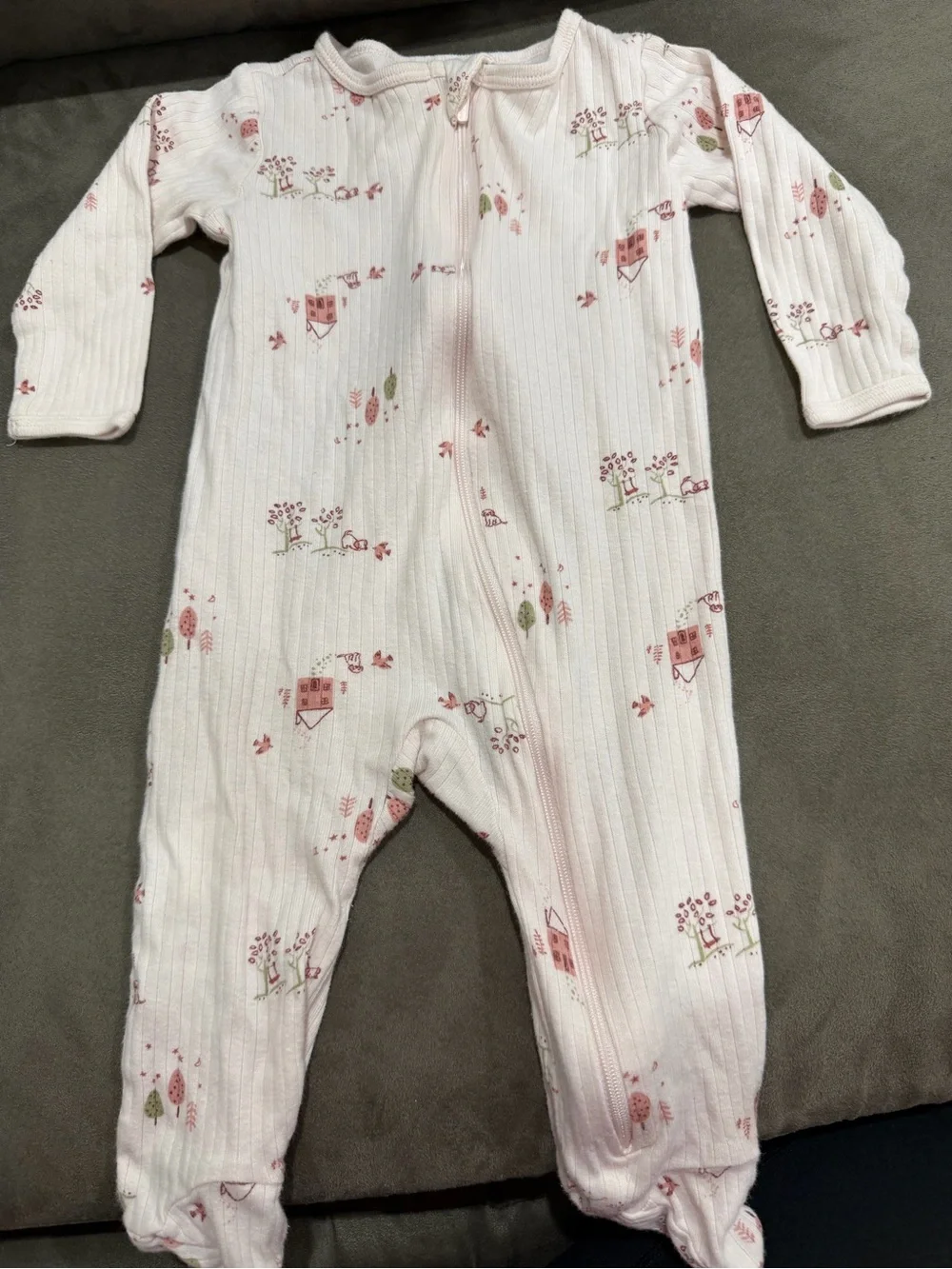 Gerber Pink Ribbed Footed One-Piece with Tiny House & Tree Prints